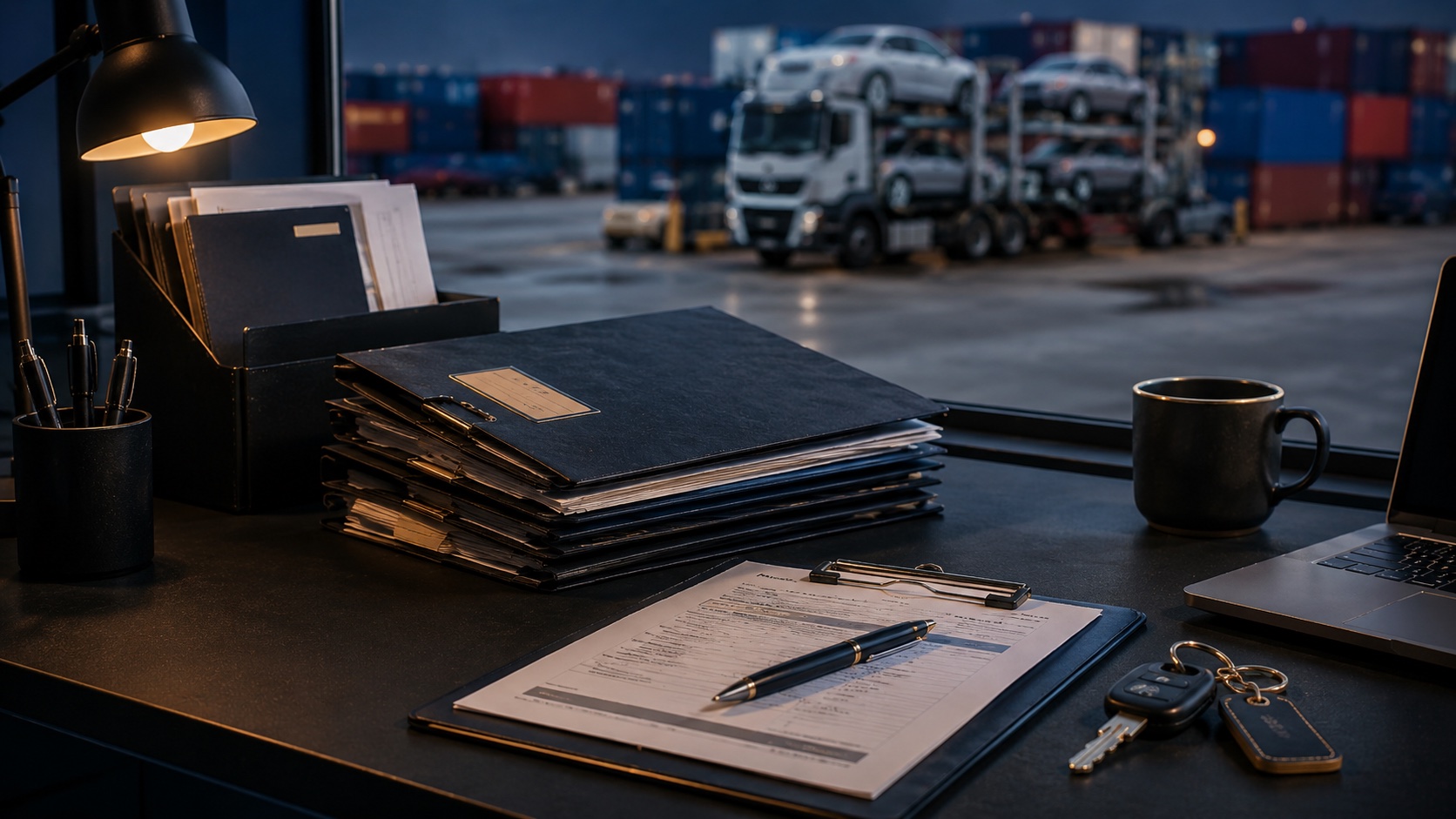 A vehicle import dossier desk with files, keys, forms, and port activity outside